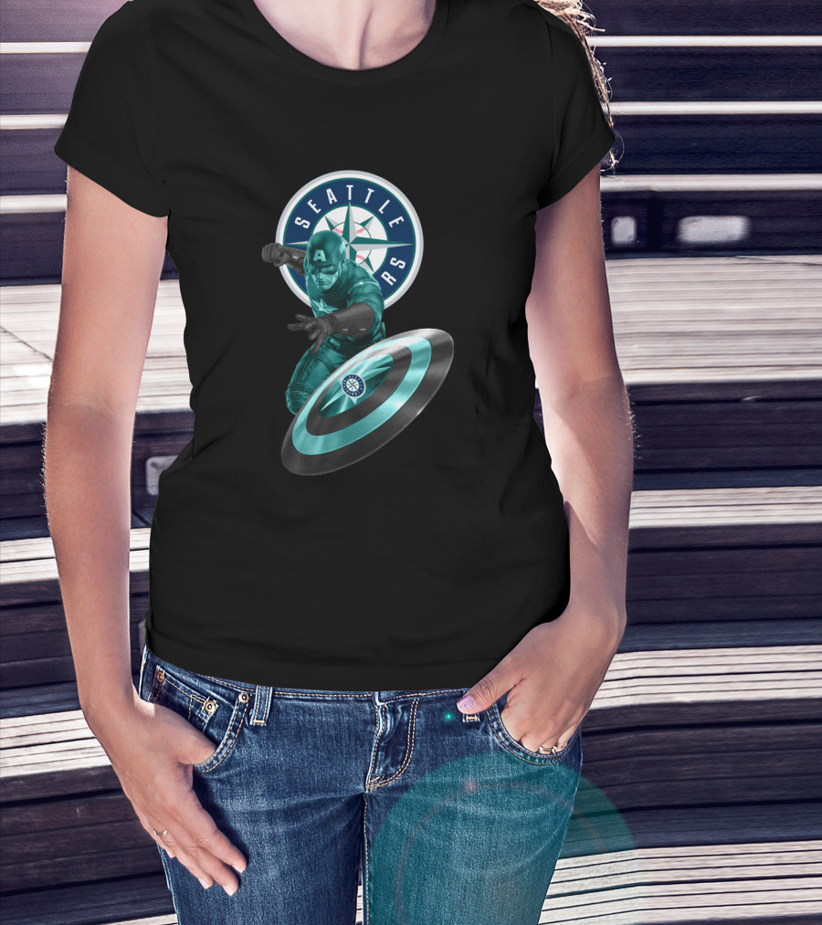 Seattle Mariners Captain America Logo Shield Crossover Baseball Superhero Collaboration T-Shirt
