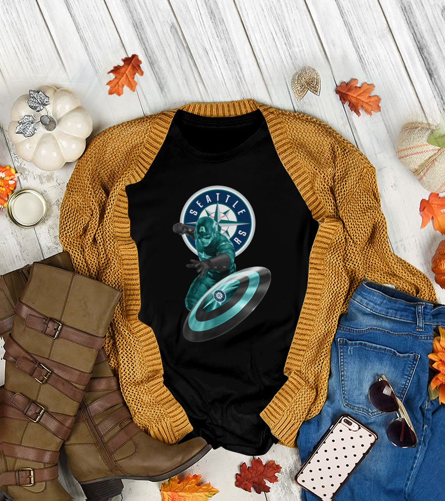 Seattle Mariners Captain America Logo Shield Crossover Baseball Superhero Collaboration T-Shirt