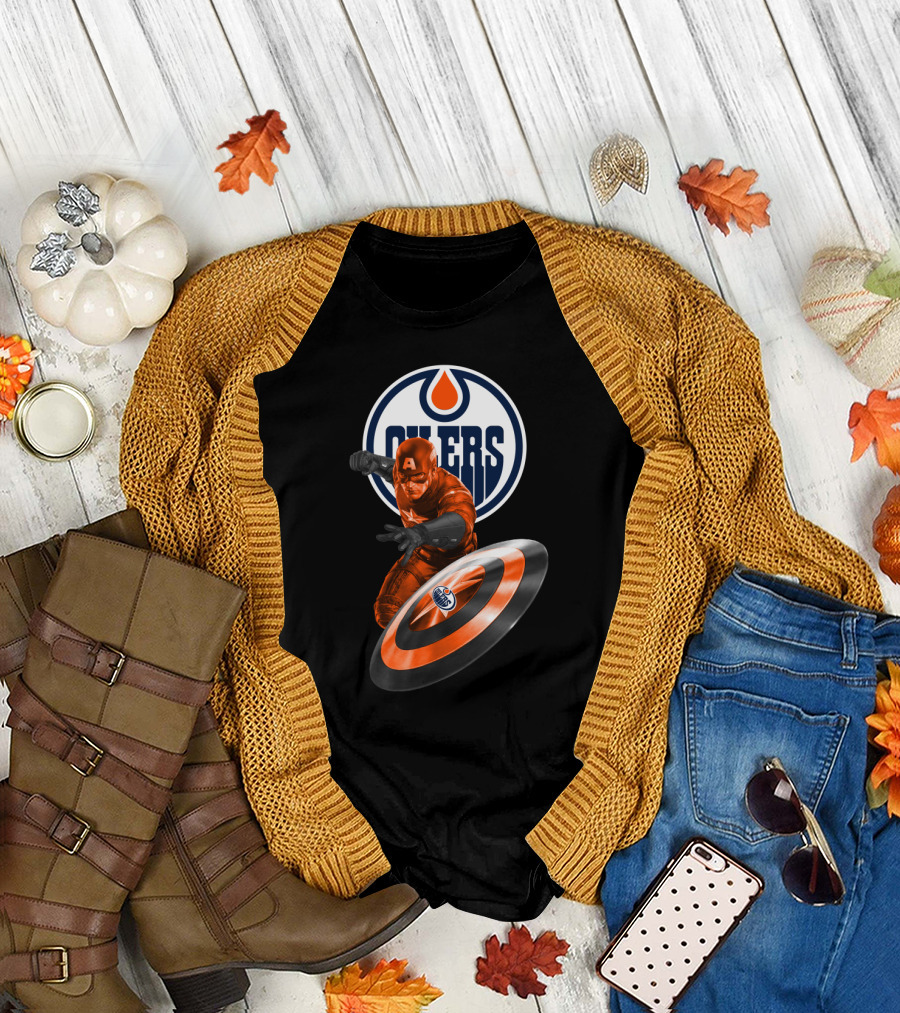 Edmonton Oilers Captain America Crossover with Shield Logo and Dynamic Pose T-Shirt