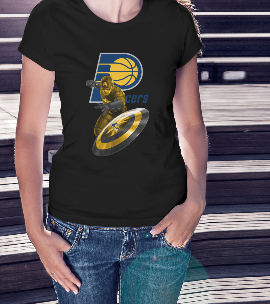 Pacers Logo With Marvel Captain America And Shield T-Shirt