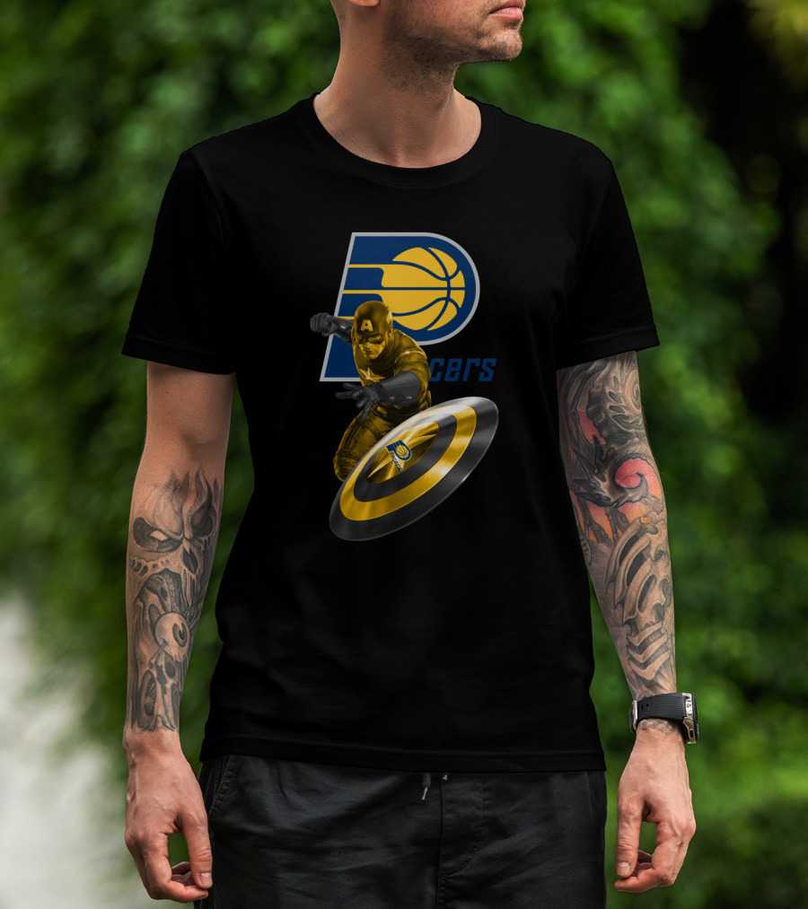 Pacers Logo With Marvel Captain America And Shield T-Shirt
