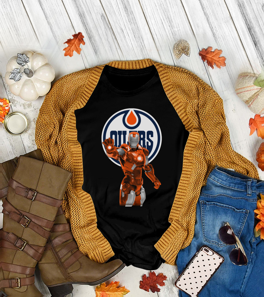 Iron Man Marvel Crossover with Edmonton Oilers T-Shirt