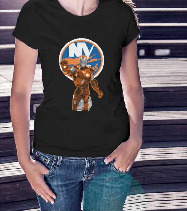 Iron Man New York Islanders Crossover Graphic Featuring NY Logo Background T-Shirt