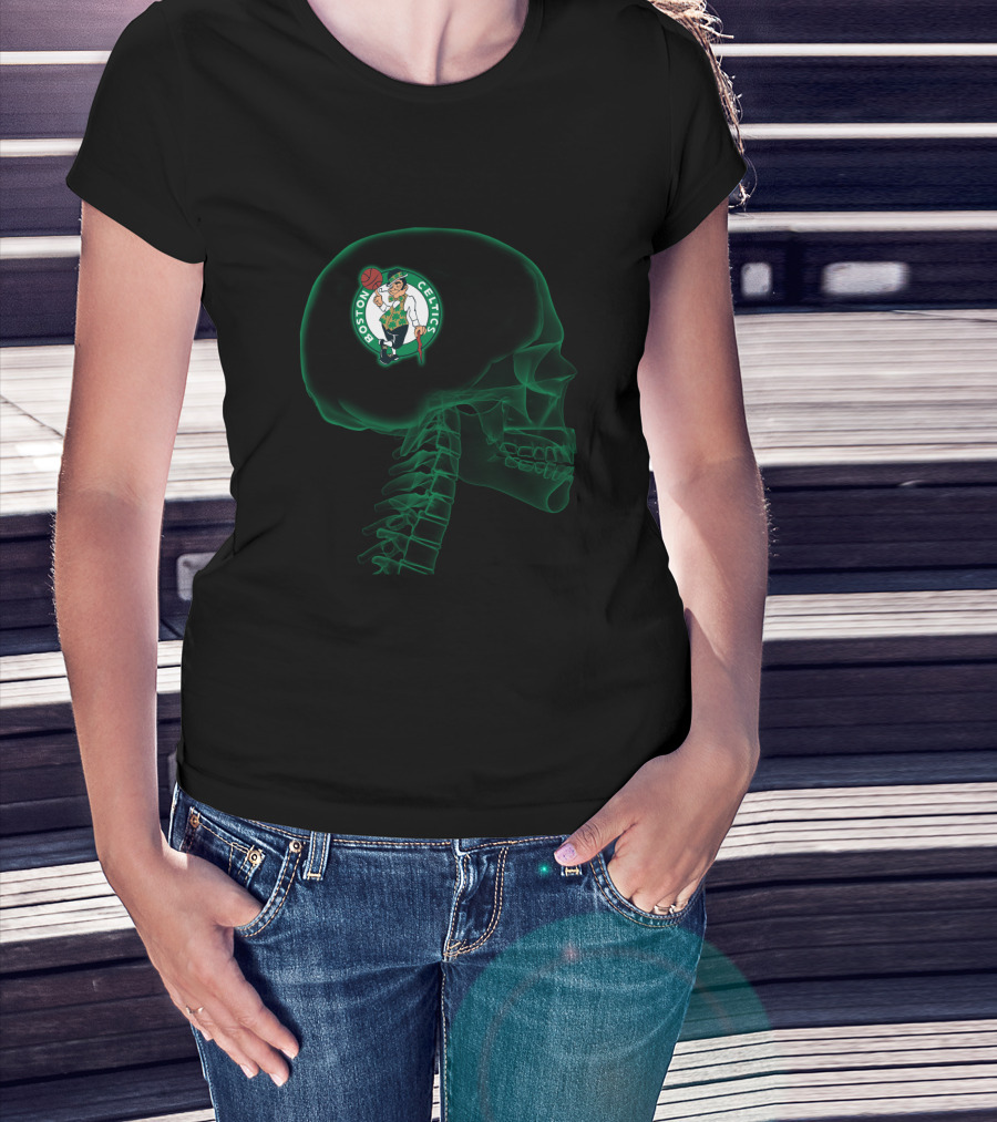 Boston Celtics Logo In Skeleton Brain Halloween Concept T-Shirt