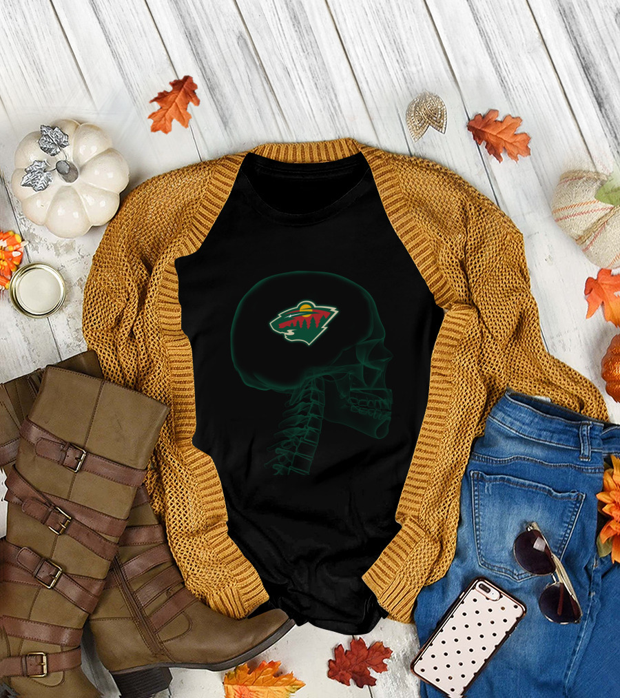 Minnesota Wild Logo Inside Skull Halloween Theme T-Shirt