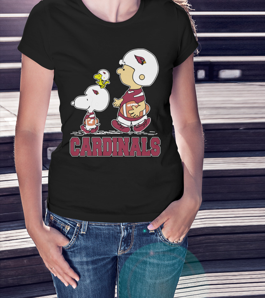 Snoopy And Woodstock With Cardinals Football Helmets And Team Spirit T-Shirt