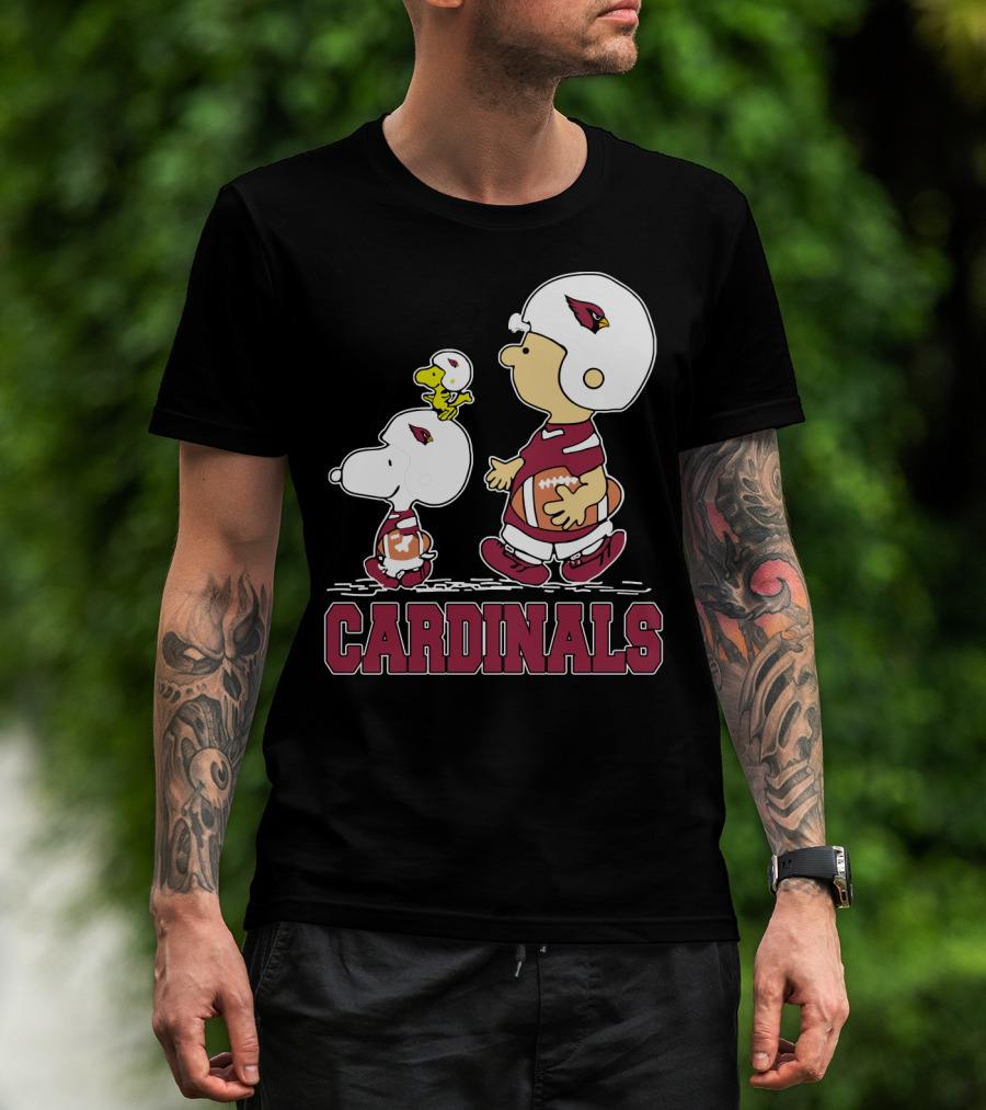 Snoopy And Woodstock With Cardinals Football Helmets And Team Spirit T-Shirt