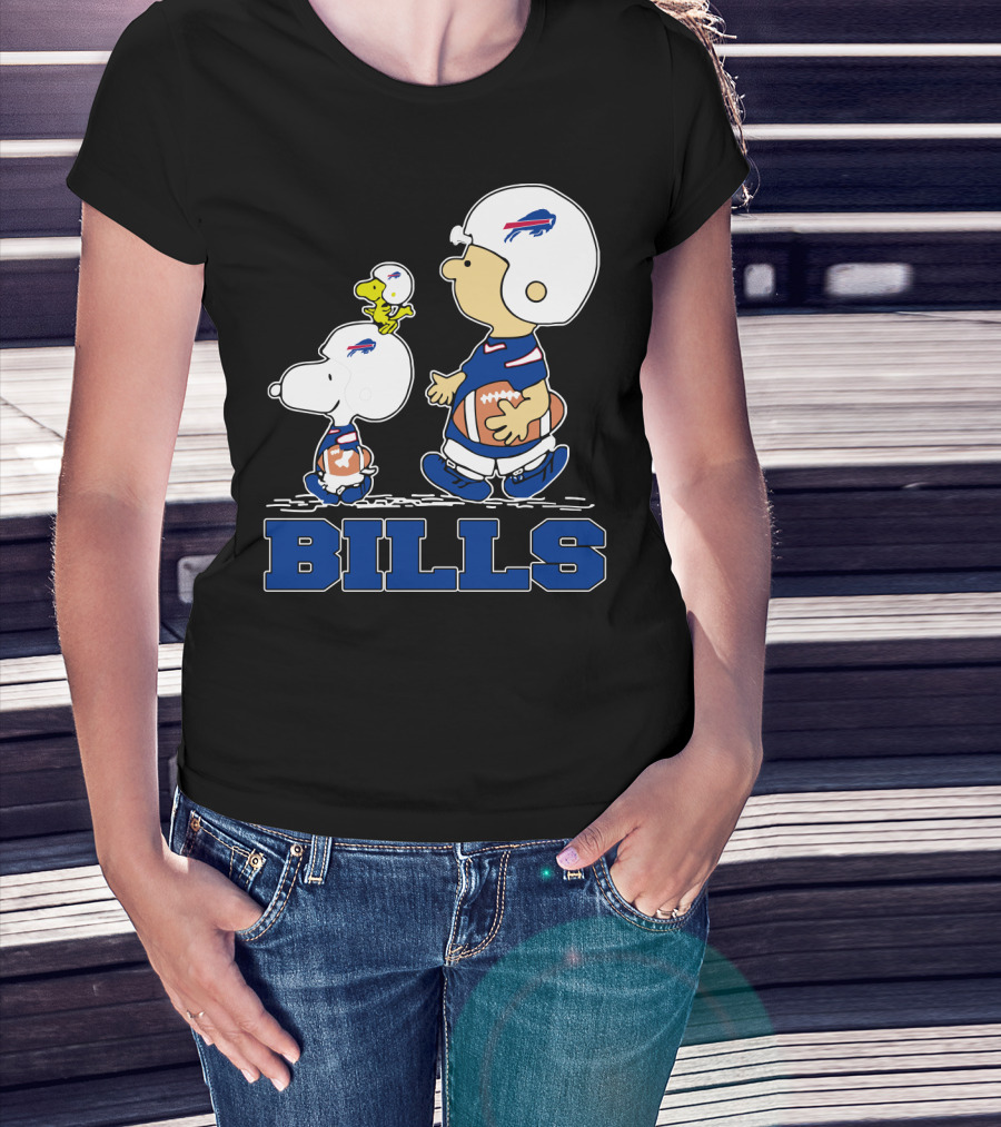 Snoopy And Woodstock In Buffalo Bills Helmets With Charlie Brown And Football T-Shirt