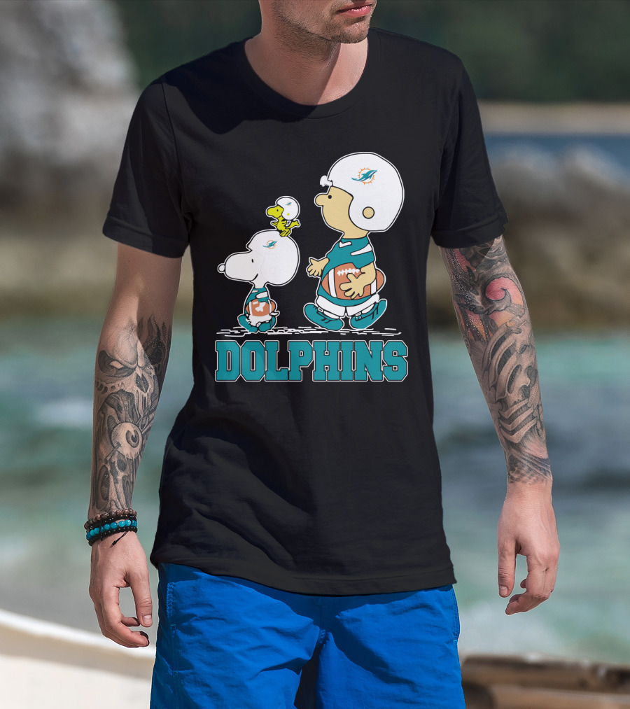 Snoopy Woodstock Miami Dolphins Football Fans Cartoon Helmets T-Shirt