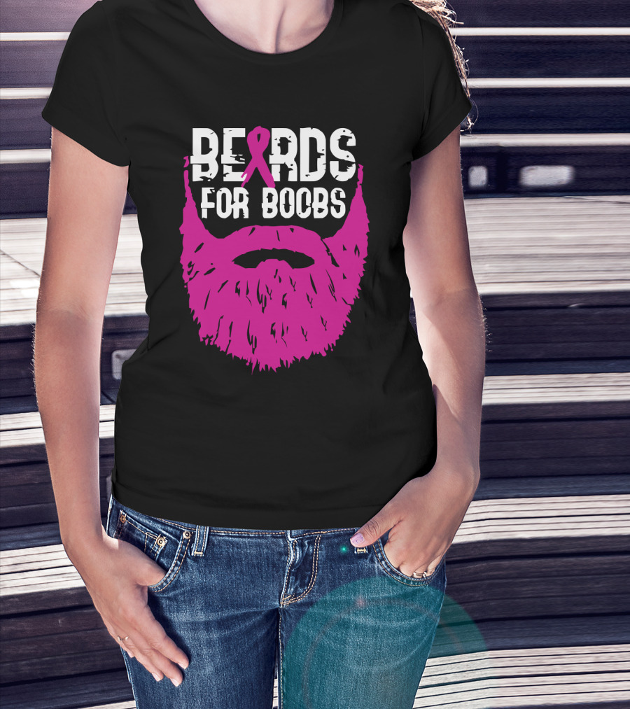 Beards For Boobs Breast Cancer Awareness Pink Ribbon Beard T-Shirt