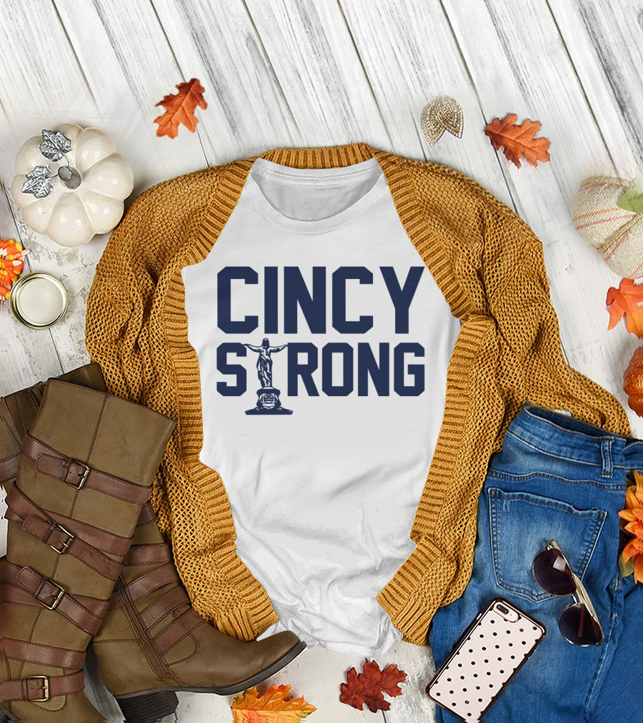 Cincy Strong Text with Statue Symbol in Bold Blue Letters T-Shirt