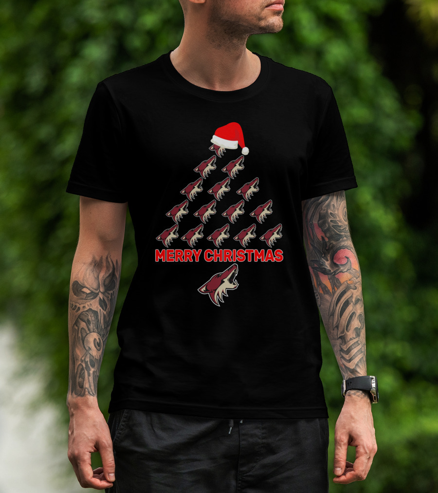 Merry Christmas Arizona Coyotes Logo Tree With Santa Hat T-Shirt