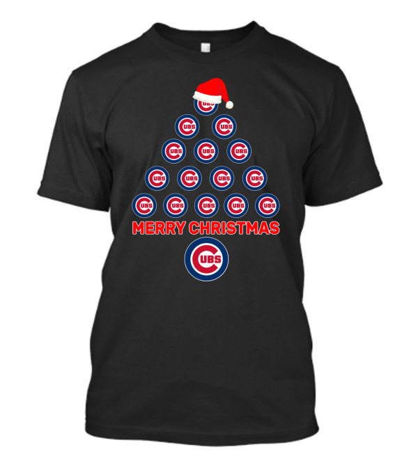 Merry Christmas Chicago Cubs Logo Tree With Santa Hat T-Shirt