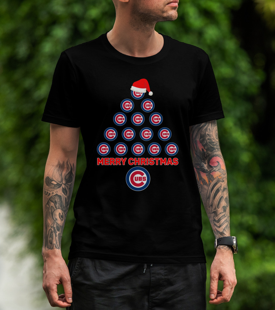 Merry Christmas Chicago Cubs Logo Tree With Santa Hat T-Shirt