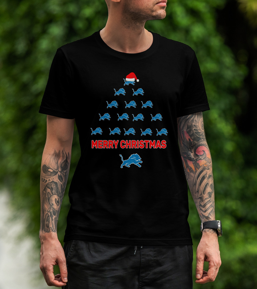Merry Christmas Detroit Lions Fan Holiday Tree T-Shirt
