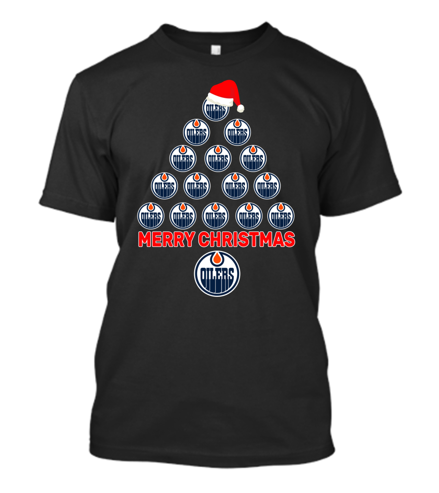 Merry Christmas Edmonton Oilers Tree With Santa Hat T-Shirt