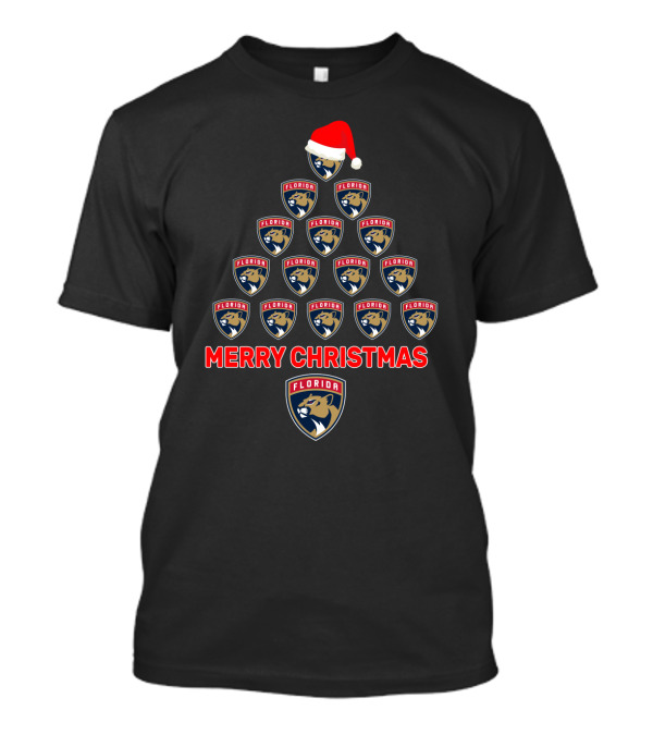 Merry Christmas Florida Panthers Tree With Logos And Santa Hat T-Shirt