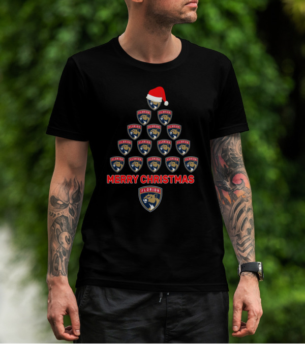 Merry Christmas Florida Panthers Tree With Logos And Santa Hat T-Shirt