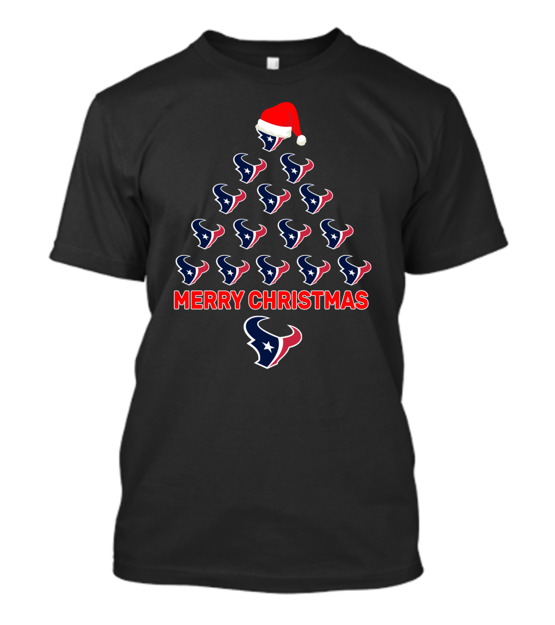 Merry Christmas Tree For Houston Texans Fans With Santa Hat T-Shirt