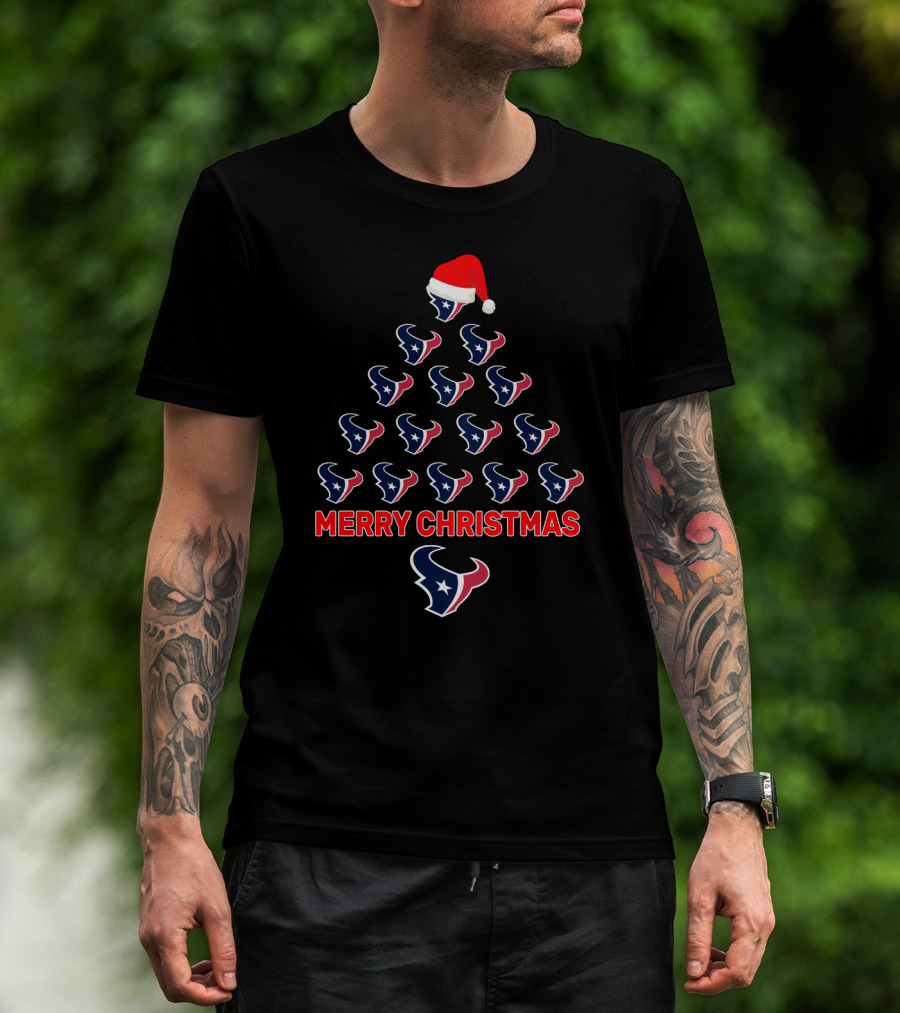 Merry Christmas Tree For Houston Texans Fans With Santa Hat T-Shirt