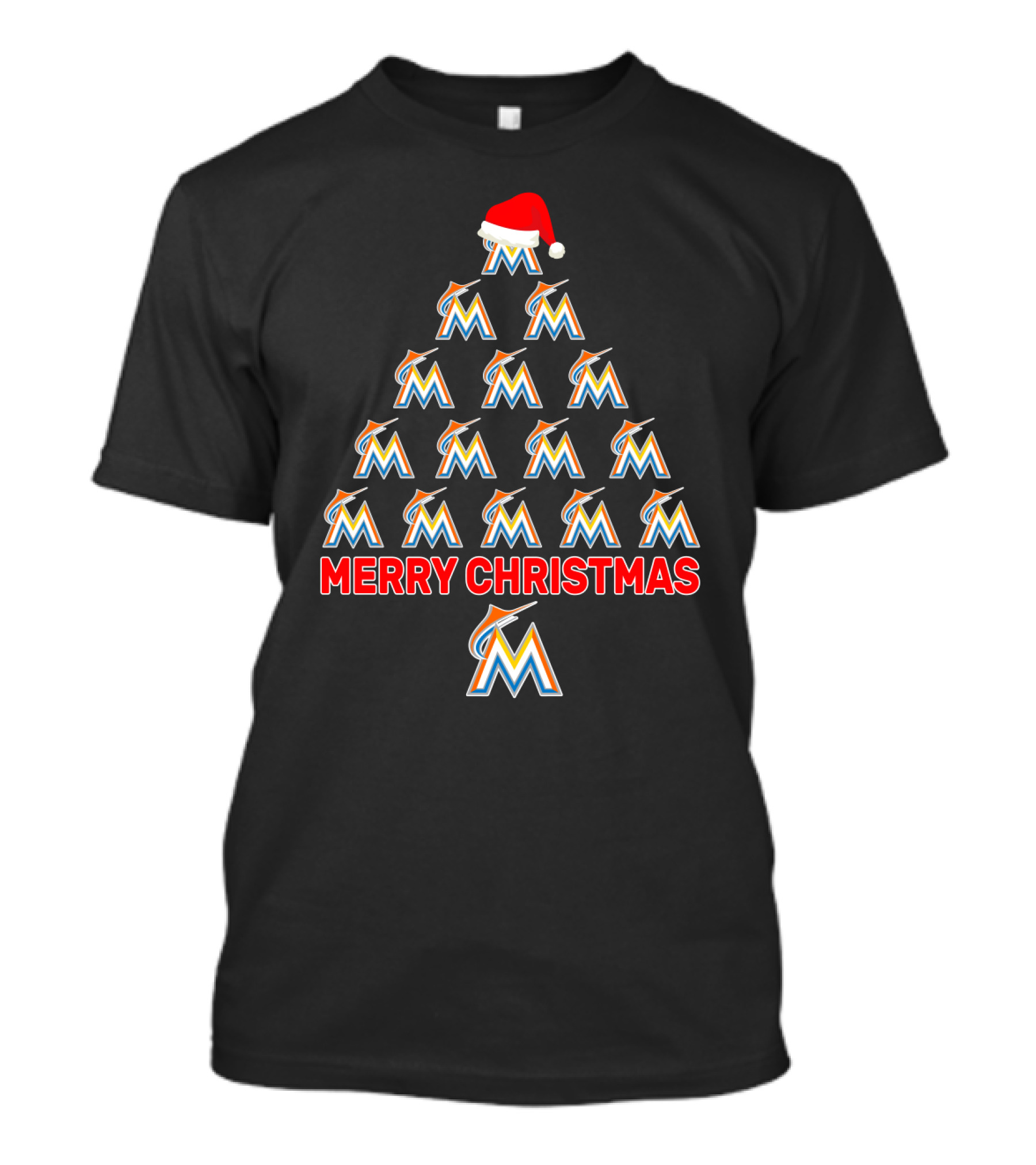Merry Christmas Miami Marlins Logo Christmas Tree With Santa Hat T-Shirt