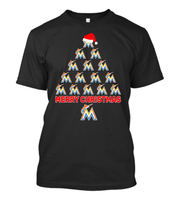 Merry Christmas Miami Marlins Logo Christmas Tree With Santa Hat T-Shirt