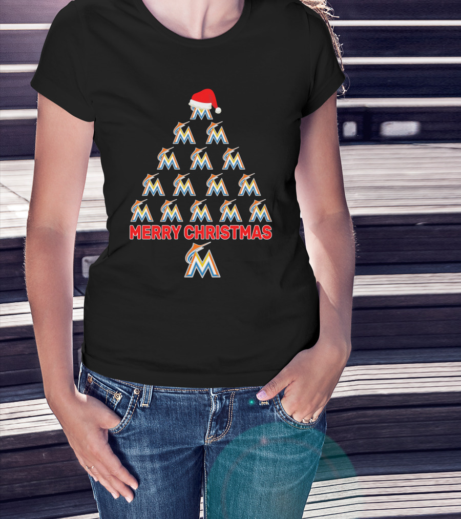 Merry Christmas Miami Marlins Logo Christmas Tree With Santa Hat T-Shirt