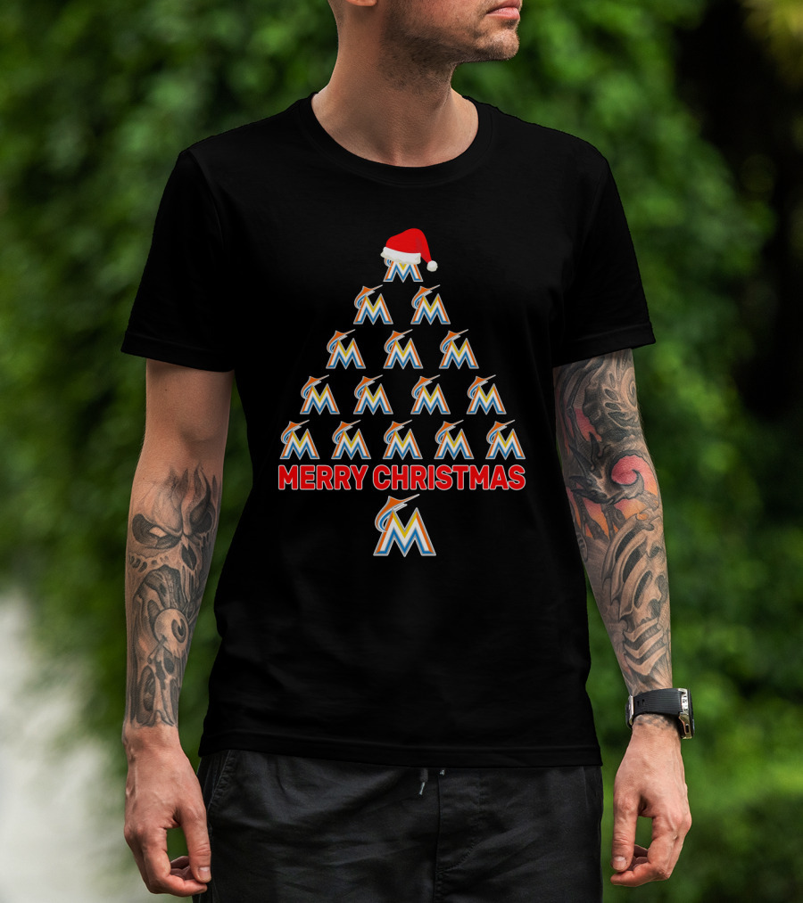 Merry Christmas Miami Marlins Logo Christmas Tree With Santa Hat T-Shirt