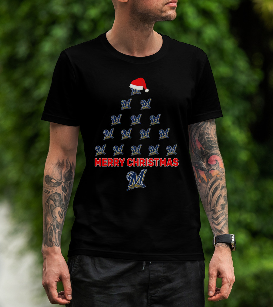 Milwaukee Brewers Merry Christmas Tree With Santa Hat T-Shirt