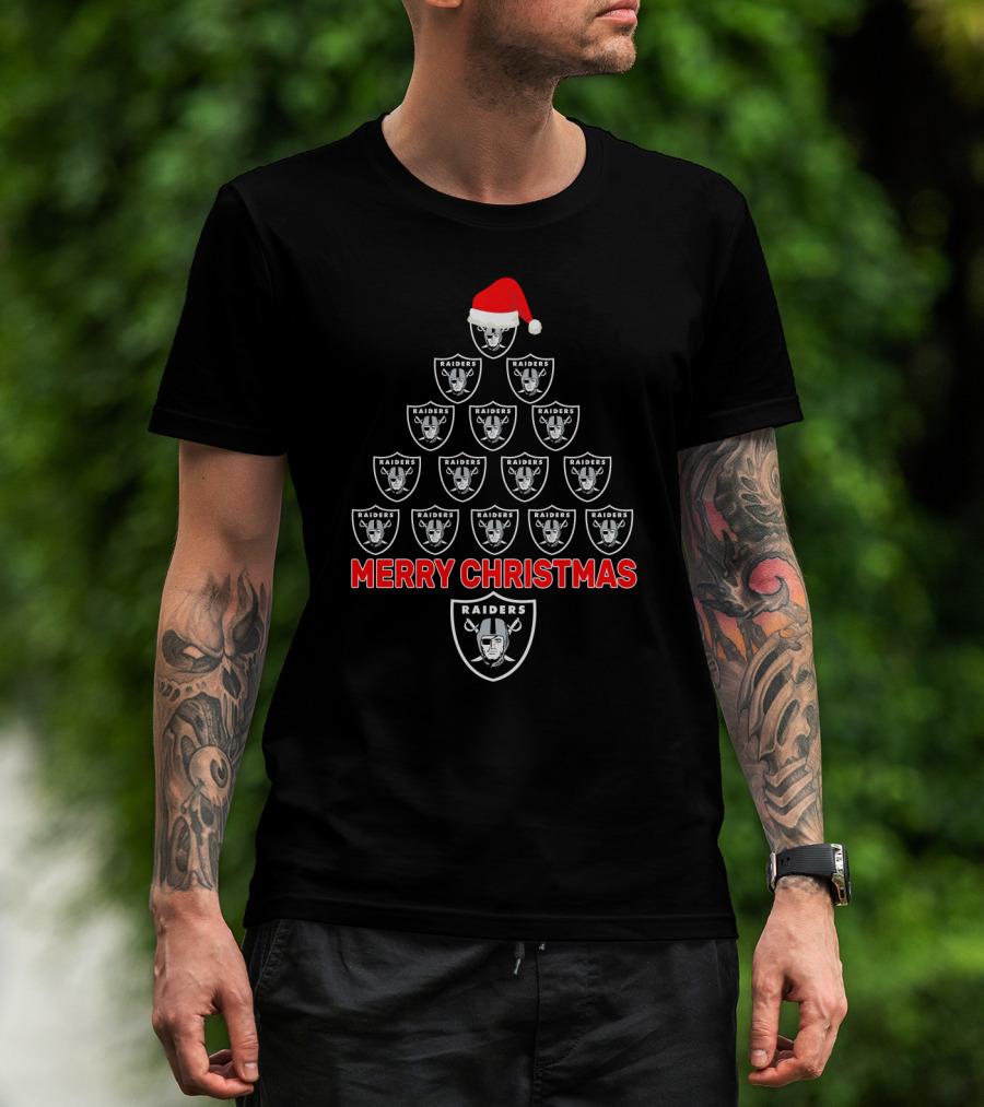Merry Christmas Tree With Raiders Logos And Santa Hat For Oakland Raiders Fans T-Shirt