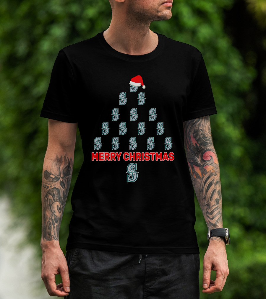 Merry Christmas Seattle Mariners Logo Tree Santa Hat T-Shirt
