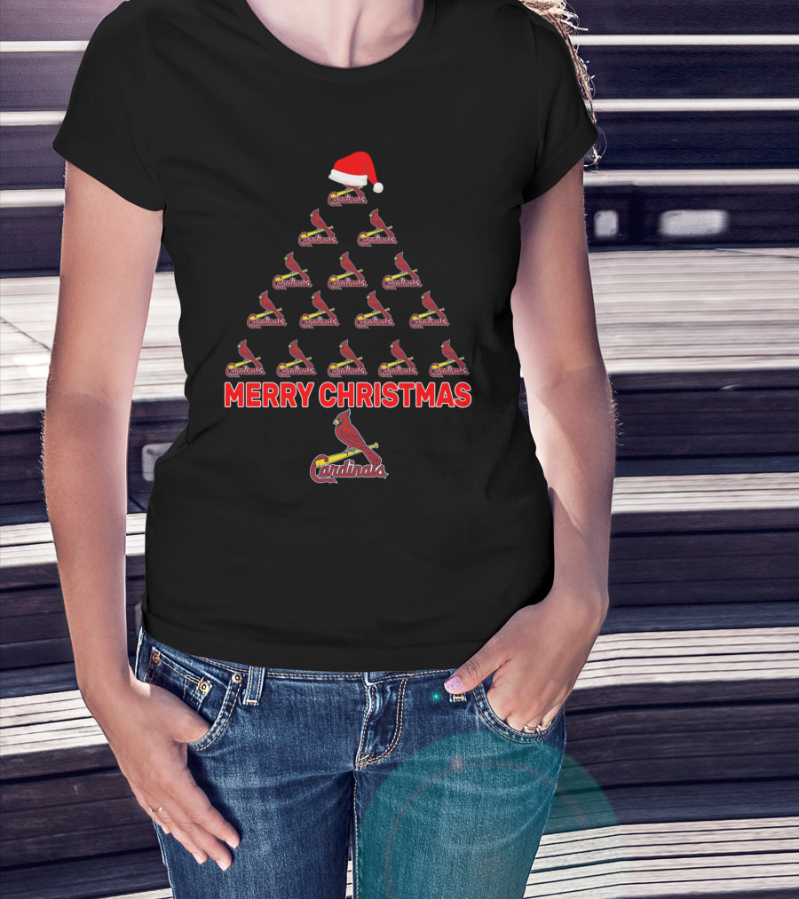Merry Christmas Cardinals Tree With Santa Hat For St. Louis Fans T-Shirt