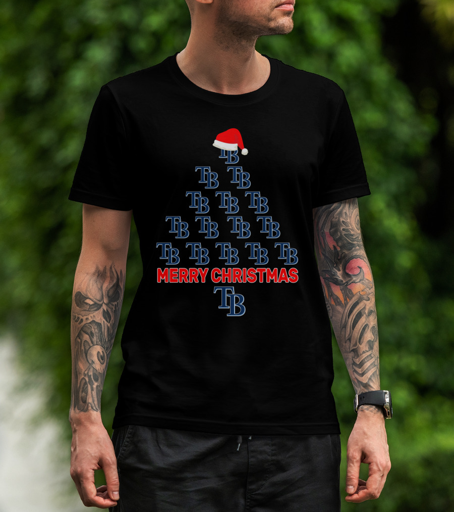 Merry Christmas Tampa Bay Rays Tb Christmas Tree With Santa Hat T-Shirt
