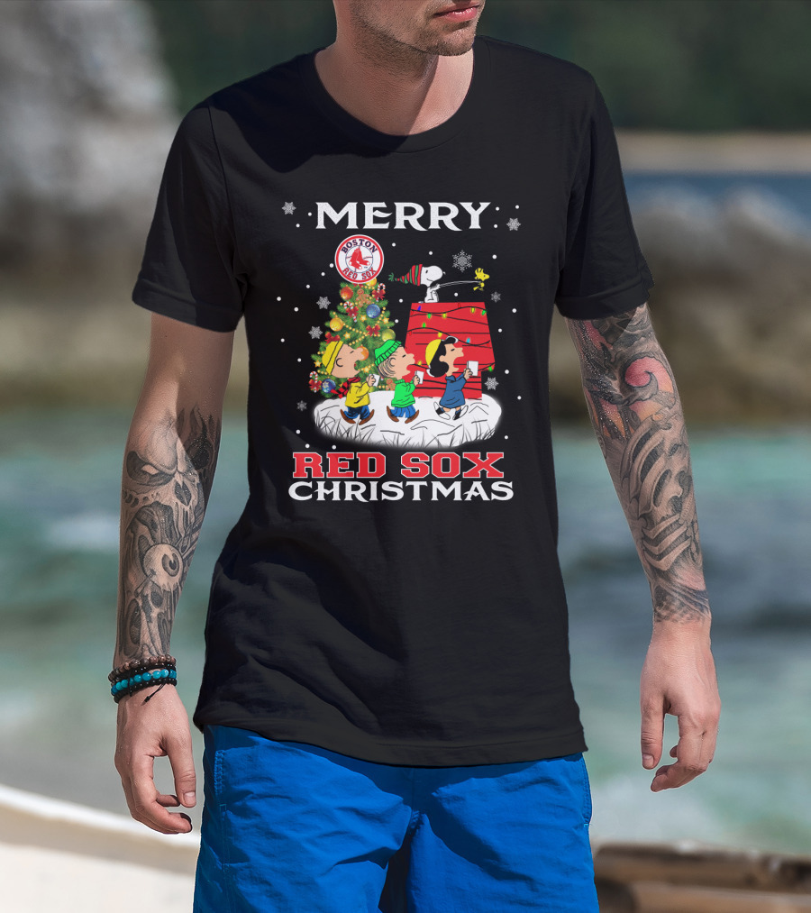 Merry Boston Red Sox Christmas Snoopy Fans Peanuts Holiday Celebration T-Shirt