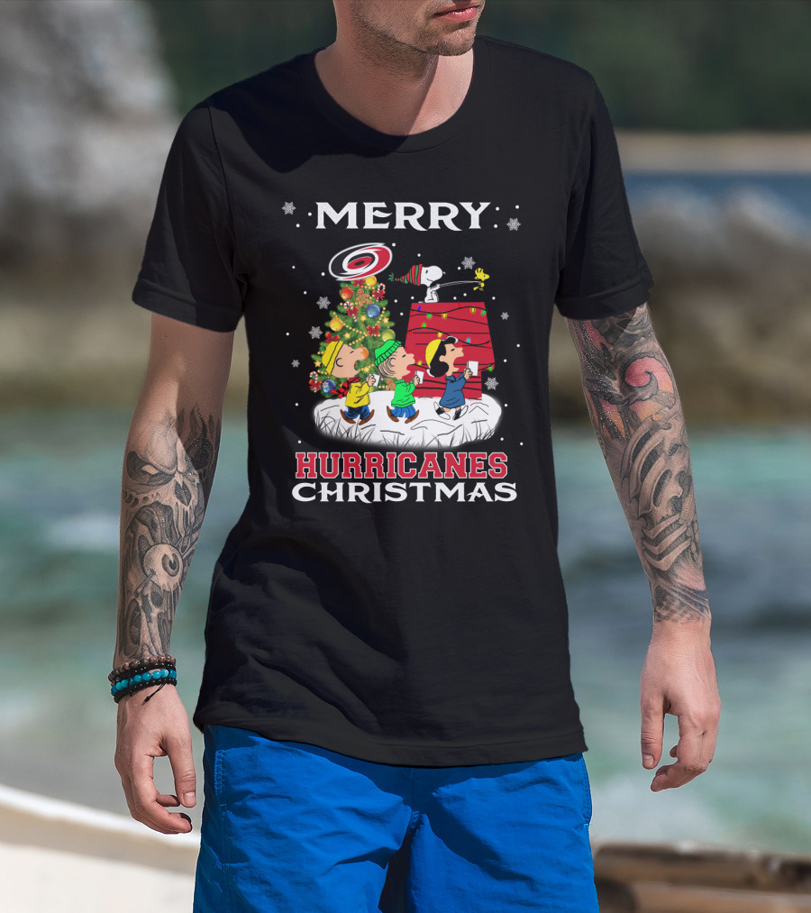 Merry Carolina Hurricanes Christmas Snoopy Peanuts Tree Holiday T-Shirt