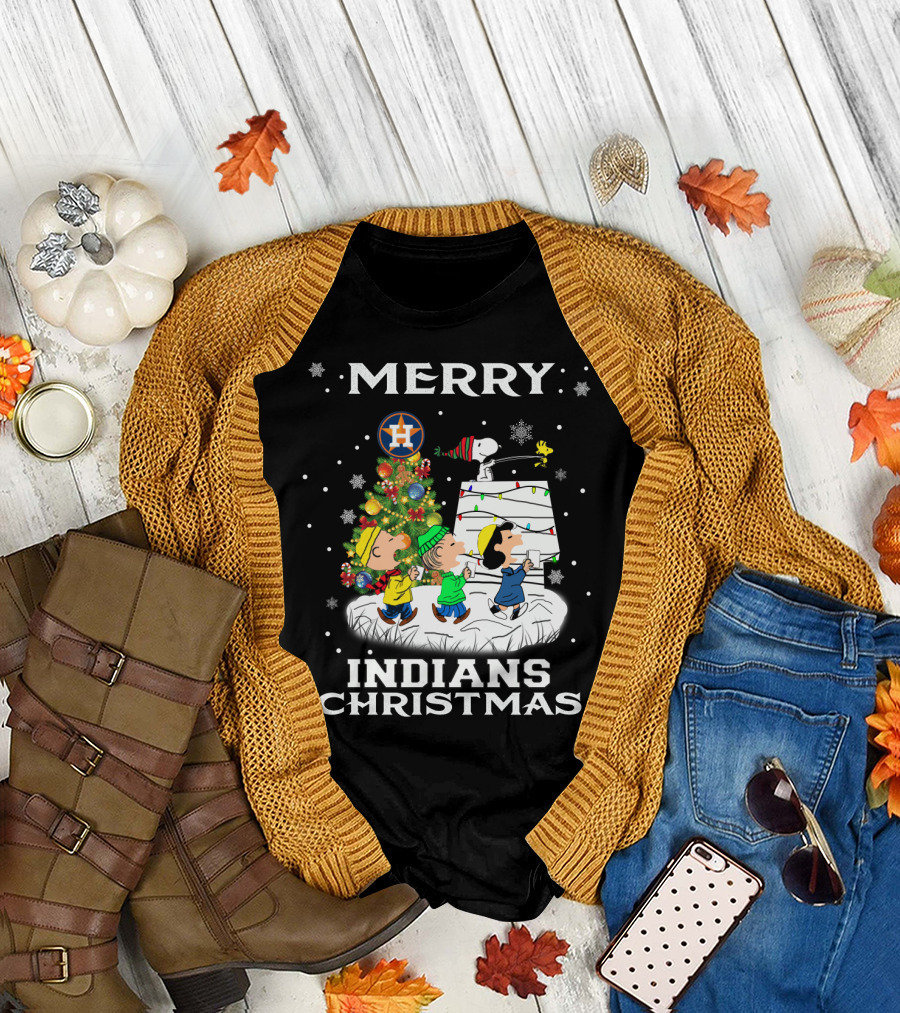 Merry Houston Astros Indians Christmas For Snoopy Fans T-Shirt