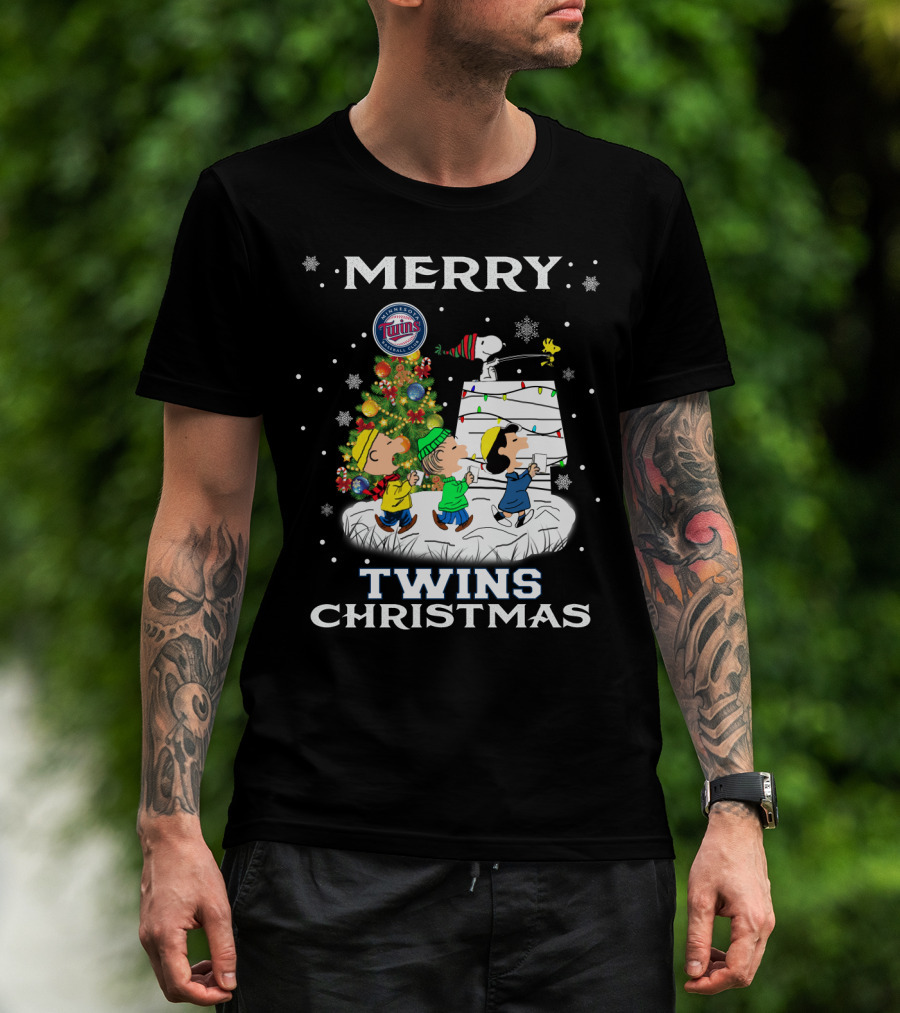 Merry Minnesota Twins Christmas Snoopy Charlie Brown Tree Woodstock T-Shirt