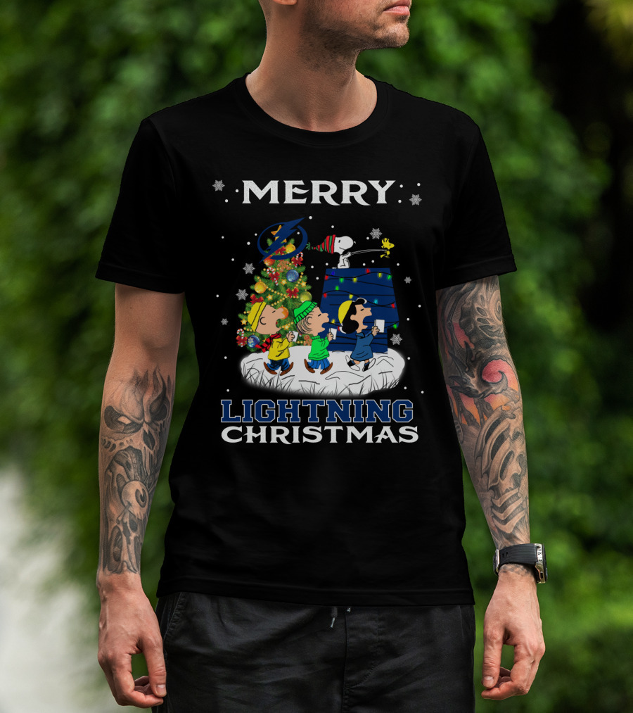 Merry Tampa Bay Lightning Christmas Snoopy Peanuts Holiday Tree T-Shirt