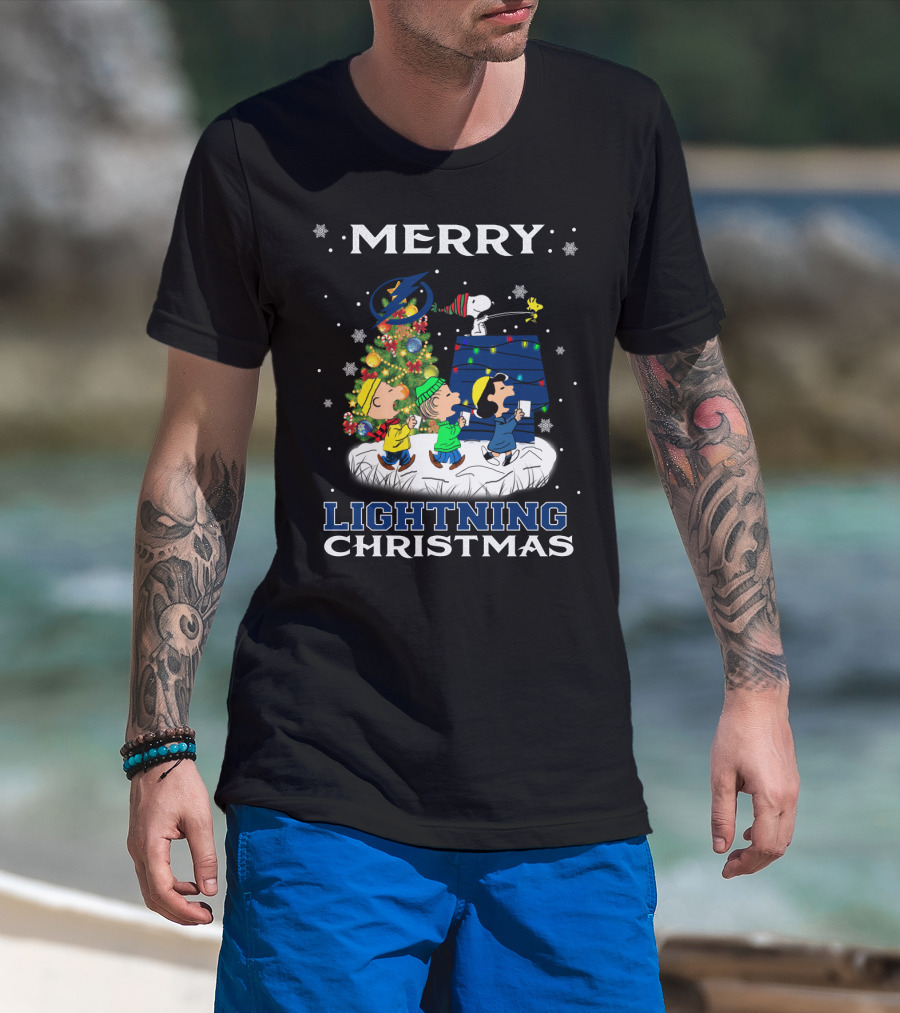 Merry Tampa Bay Lightning Christmas Snoopy Peanuts Holiday Tree T-Shirt