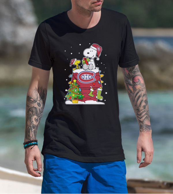 Montreal Canadiens Snoopy And Woodstock Christmas Scene T-Shirt