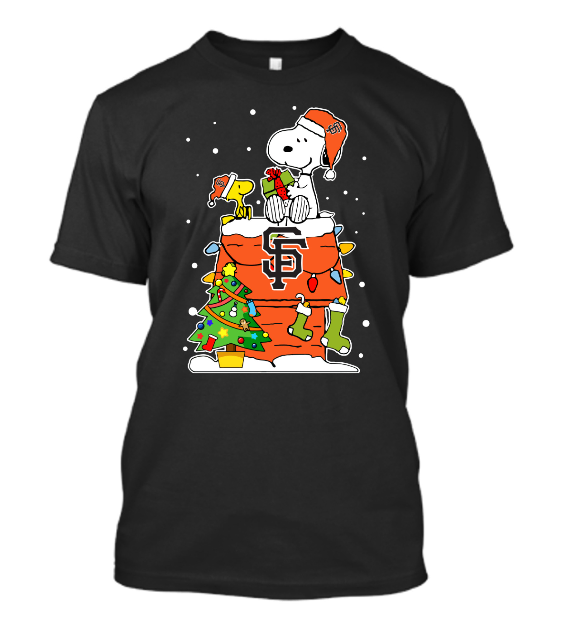 San Francisco Giants Snoopy Christmas Santa Hat With Woodstock And Presents T-Shirt