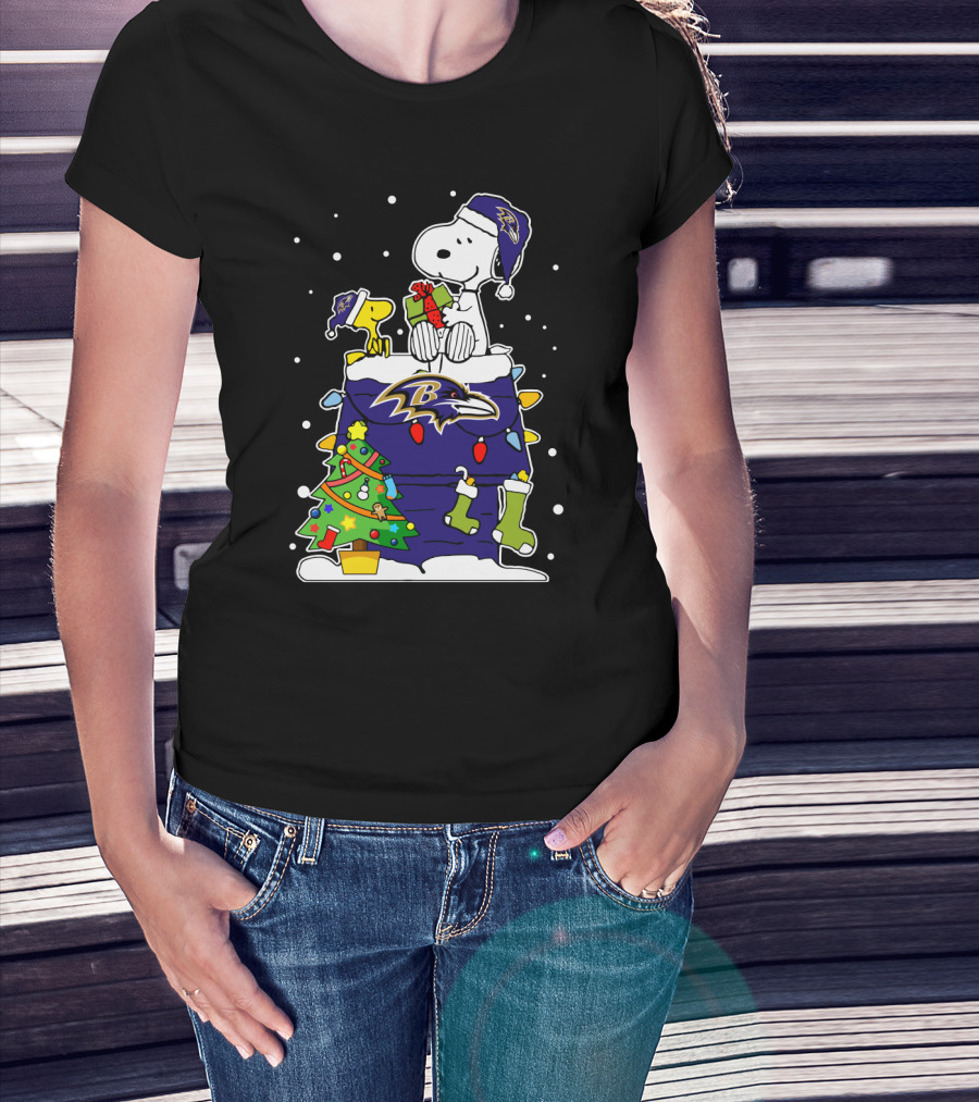 Baltimore Ravens Snoopy And Woodstock Christmas Tree Celebration T-Shirt