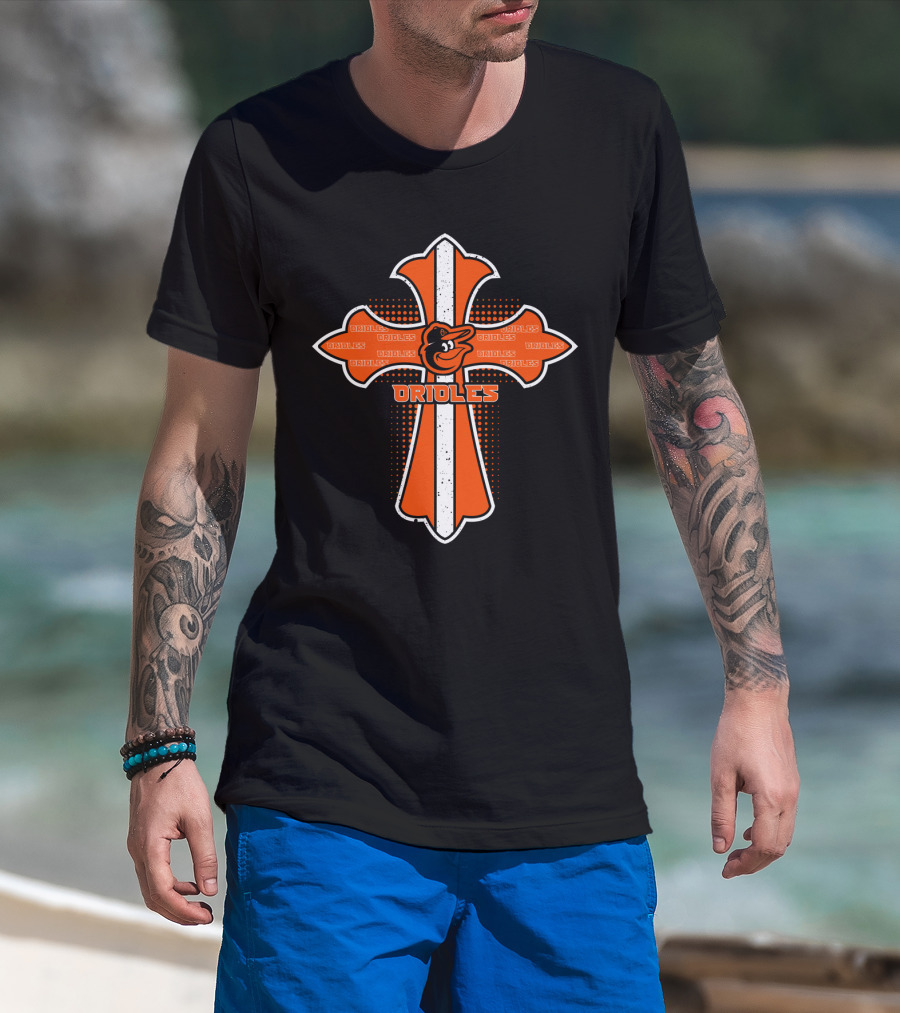 Cross Design Featuring Orioles Text And Mascot T-Shirt