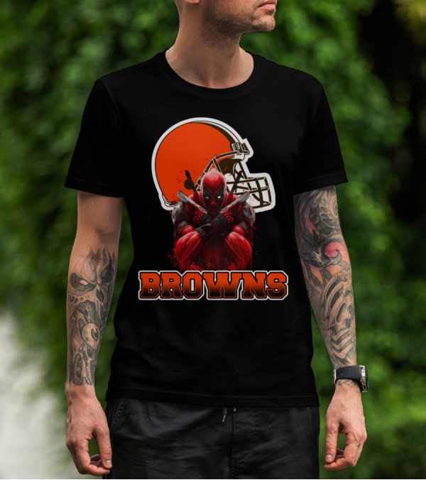 Cleveland Browns And Deadpool Crossover With Iconic Helmet And Character T-Shirt