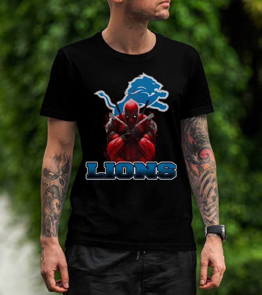 Detroit Lions Deadpool Crossover Fans Blue Lion T-Shirt