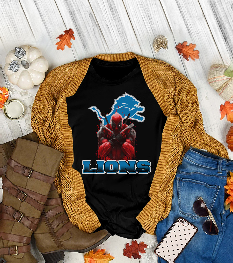 Detroit Lions Deadpool Crossover Fans Blue Lion T-Shirt