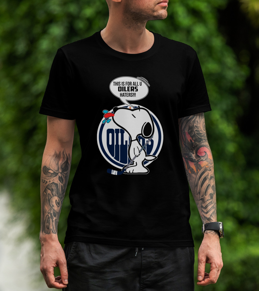 Snoopy Hockey Stick Edmonton Oilers Logo Haters Speech Bubble T-Shirt