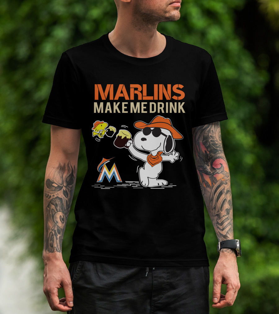 Marlins Make Me Drink Snoopy With Miami Marlins Logo And Beer Toast T-Shirt