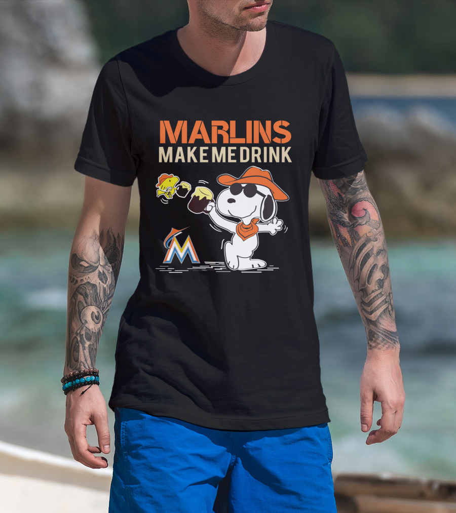 Marlins Make Me Drink Snoopy With Miami Marlins Logo And Beer Toast T-Shirt