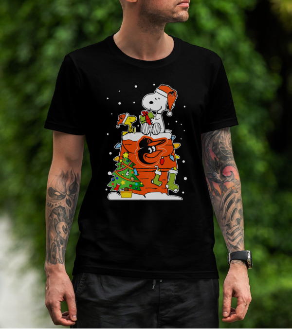 Baltimore Orioles Christmas Snoopy With Woodstock And Santa Hat T-Shirt